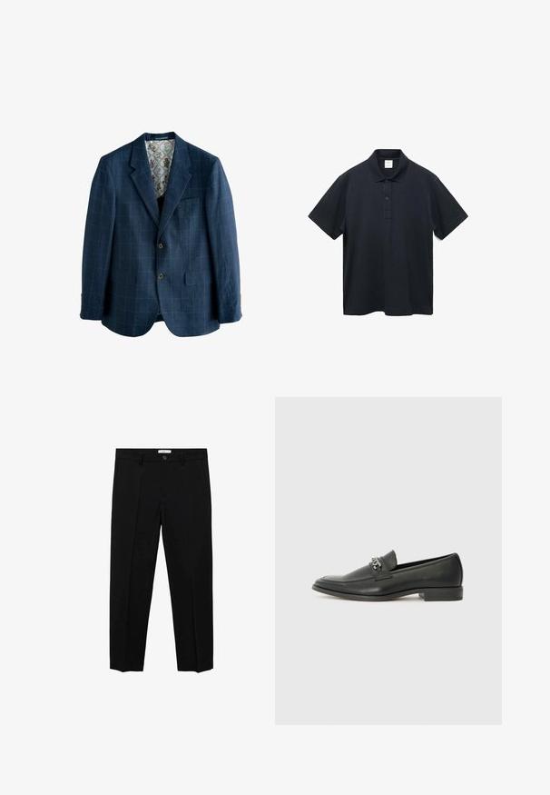 Navy blue blazer with plaid pattern, single-breasted design, notched lapels, two front pockets, and a floral printed lining.; Navy blue cotton polo shirt with a collar, two-button placket, short sleeves, and a straight hem. No visible patterns or logos.; Black tailored trousers with a straight cut, featuring a single button closure, belt loops, and front pleats. Made from a smooth fabric.; Black leather loafer with a smooth finish, featuring a stitched design and a decorative metal chain accent across the vamp. Flat heel.