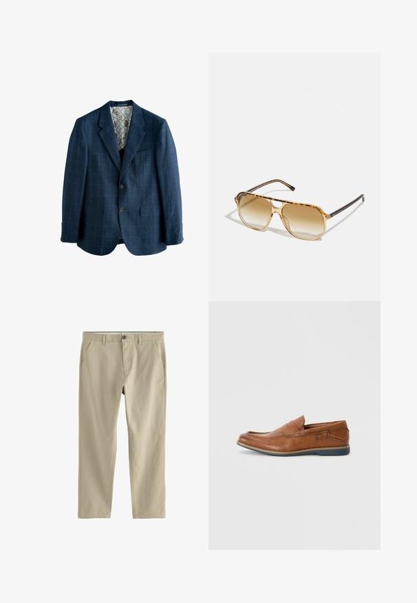 Blazer blu navy con motivo a quadri, design monopetto, rever a punte, due tasche frontali e foderato con stampa floreale.; Polo shirt in cotone blu navy con colletto, pattina con bottoni a due, maniche corte e orlo dritto. Nessun motivo o logo visibile.; Pantaloni beige a gamba dritta con passanti per cintura, due tasche laterali, chiusura frontale con bottone e cerniera.; Mocassini in pelle marrone con punta tondeggiante, dettagli cuciti e suola in gomma bassa. Il design presenta una banda sulla parte superiore.; Occhiali da sole tartarugati con montatura rettangolare, lenti marroni sfumate e astine nere eleganti con accenti logotipo sottili.