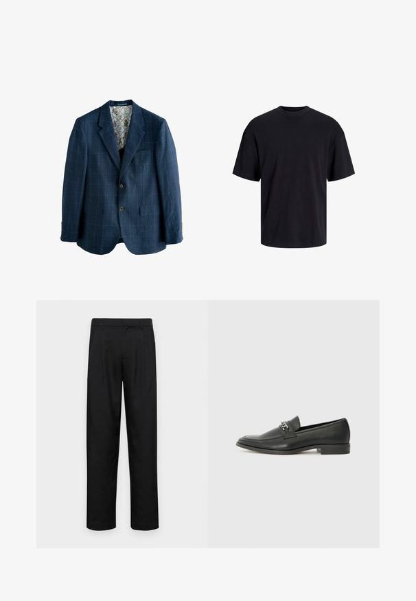 Blazer blu navy con motivo a quadri, design monopetto, rever a punte, due tasche frontali e foderato con stampa floreale.; T-shirt in cotone nero con collo rotondo, maniche corte e vestibilità morbida. Texture liscia senza pattern o dettagli visibili.; Pantaloni neri realizzati in tessuto liscio, caratterizzati da un taglio dritto, due pieghe frontali e una vita standard con passanti per la cintura.; Mocassino in pelle nera con finitura liscia, caratterizzato da un design cucito e da un accento decorativo in catena metallica sul vamp. Tacco piatto.