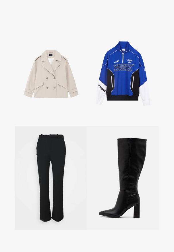Giacca beige doppiopetto con ampi revers, due tasche laterali, cinturini sui polsini e bottoni scuri; realizzata in tessuto liscio con una vestibilità strutturata.; Felpa blu e nera con zip, dettagli bianchi, logo "RACING" in carattere grassetto, colletto alto e due tasche con zip.; Pantaloni neri su misura con una finitura liscia, design a gamba dritta e una cintura. Presentano dettagli di cucitura discreti e nessuna tasca.; RAID JORDANN - Stivali con i tacchi - black