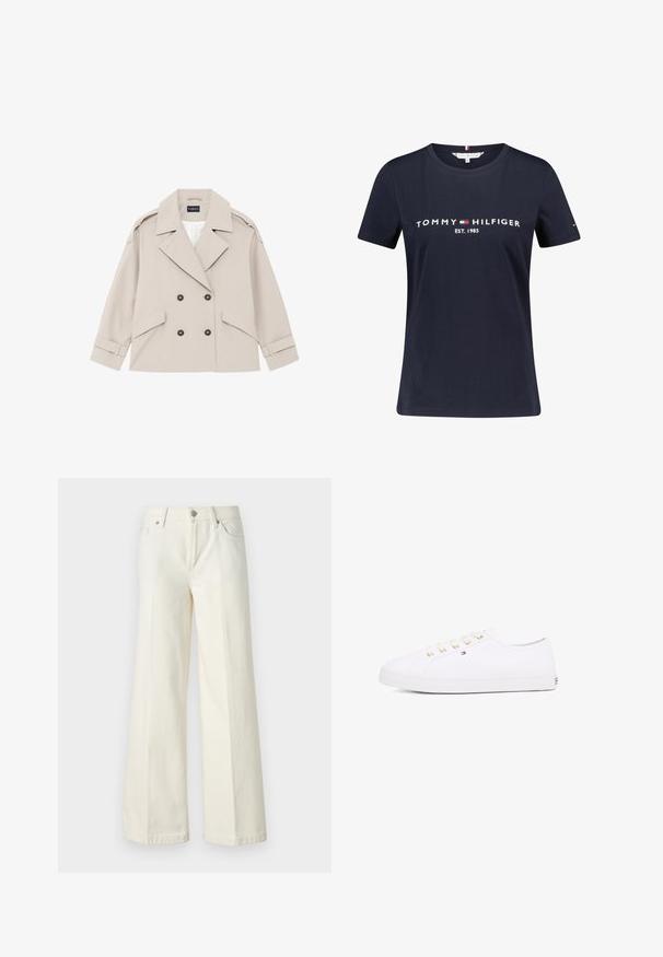 Beige kaksirivinen takki leveillä läppillä, joissa on kaksi sivutaskua, hihansuiden säädöt ja tummat napit; valmistettu sileästä kankaasta rakenteellisella istuvuudella.; Tummansininen puuvillapaita lyhyillä hihoilla, jossa on valkoinen "TOMMY HILFIGER EST. 1985" -teksti. Hihassa on pieni logokoristelu.; Valkoiset leveät farkut, jotka on valmistettu puuvillasekoitteesta. Ominaisuuksina vetoketjuluukku, viisi taskua ja ompeleet saumoissa.; Valkoinen kanvaakenkä, jossa on kultaiset nauhakkeet, litteät nauhat, teksturoitu kumipohja ja minimoitu brändäys sivussa. Matala profiilinen muotoilu.