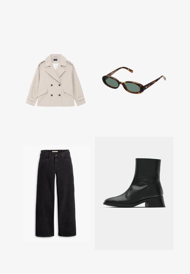 Giacca beige doppiopetto con ampi revers, due tasche laterali, cinturini sui polsini e bottoni scuri; realizzata in tessuto liscio con una vestibilità strutturata.; Canotta nera a coste con scollo rotondo e logo ricamato bianco. Presenta una silhouette aderente e un orlo pulito e dritto.; Jeans neri a gamba larga realizzati in denim. Caratterizzati da una vita alta, tasche frontali e una chiusura con cerniera e bottone. Texture uniforme.; Stivale alla caviglia nero realizzato in pelle lucida, con un design elegante, punta affilata e un tacco a blocco moderato per stabilità.; Occhiali da sole tartarugati con montatura ovale e lenti verdi. Presentano aste sottili con un accento metallico vicino alle cerniere.