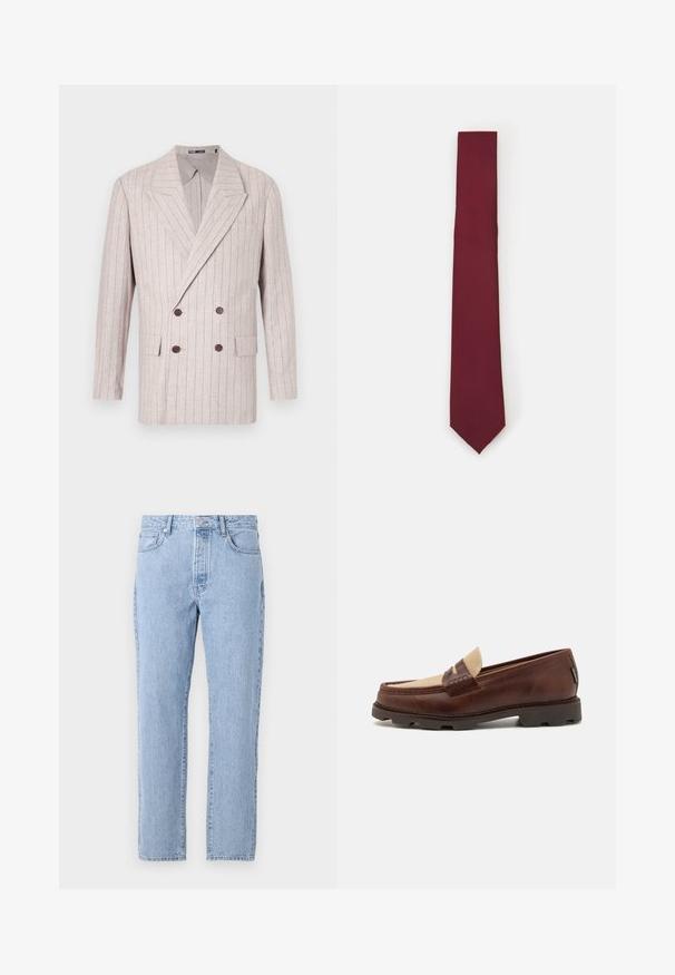 Kaksikragneeritud bleiser heledas beežis linases kangas, millel on peened triibud, laiad kraed ja tumepruunid nupud. Kahe esipocketiga.; Valge pikkade varrukatega nööbiga särk, mis on valmistatud siledast kangast. Omab klassikalist kraed, esipaneeli nuppe ja ühe nööbiga mansette. Kitsas lõige.; Heledad sinine denimipüks, sirge säärekujundusega, viis taskut ja nööbiga sulgemine. Pehme tekstuur ja klassikaline kulunud viimistlus.; Pruunist nahast loaferid taupe-kangasaktsentiga, õmmeldud detailide ja tekstuurse kummitaldiga, mis on loodud mugavuse ja vastupidavuse tagamiseks.; Burgundia siidist lips, kitsas kuju ühtlase tekstuuriga. Omab teravat otst, ühtlast värvi ja siledat viimistlust.