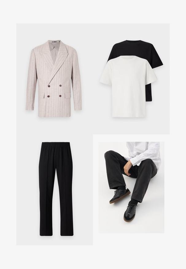 Dobbeltradet blazer i lys beige lin med subtile stripede mønstre, med brede revers og mørkebrune knapper. To frontlommer inkludert.; Sett med bomull t-skjorter bestående av en svart topp og en hvit topp, begge med korte ermer, rund hals og standard passform. Teksturet stoff.; Svart, elastisk midjebukser med rett ben-design, med en glatt tekstur og uten synlige mønstre eller maskinvare.; Svarte joggesko med en glatt og teksturert overflate, med gummisåle og mørke snører. Kombinert med svarte jeans og en hvit stripet skjorte.