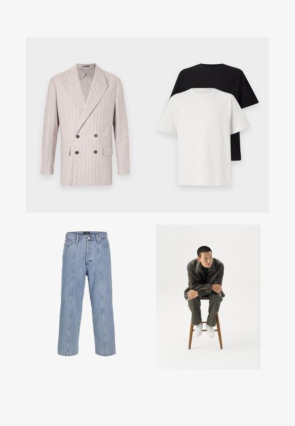 Kaksikragneeritud bleiser heledas beežis linases kangas, millel on peened triibud, laiad kraed ja tumepruunid nupud. Kahe esipocketiga.; Puuvillane t-särkide komplekt, mis sisaldab musta ja valget särk, mõlemad lühikeste varrukatega, ümmarguse kaelusega ja standardse lõikega. Tekstuuriga kangas.; Heledad sinine teksapüksid, millel on lai lõige, laiad sääred ja nähtavad õmbluse detailid. Omab nööbiga ja lukuga kinni tõmmatavat piirdu, viis taskut.; Pruun nahkjope laia kraega, sobitatud tumeroheliste teksade ja valgete tennistega. Mudel istub puidust taburetil.