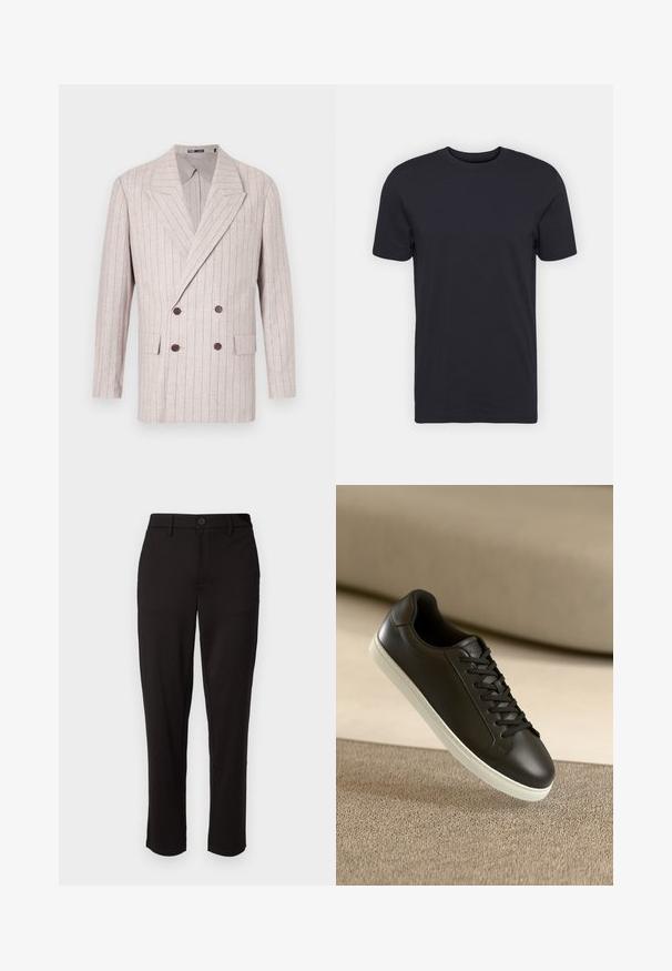 Divpusējā žakete gaisīgi bēšā linu audumā ar smalkām svītrām, ar plašiem laciem un tumši brūnām pogām. Iekļauts divas priekšējās kabatas.; Melnas kokvilnas T-krekls, īsas piedurknes, apaļa izgriezuma kakla, viendabīga krāsa, viegla auduma, gluda tekstūra, bez redzamām rakstām vai grafikas.; Melnas bikses izgatavotas no viegla materiāla, ar taisnu kāju, priekšējo pogu aizdari, jostas cilpām un sānu kabatām.; Melnas ādas sporta kurpes ar baltu gumijas zoli un melnām auklām, novietotas uz bēša auduma virsmas un fona.