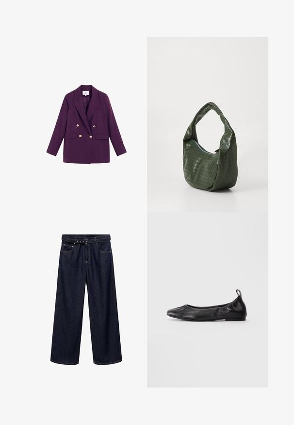 Giacca doppiopetto in tessuto viola intenso. Caratterizzata da bottoni dorati, rever a punta e due tasche frontali. Design classico e sartoriale.; Camicetta rosa chiaro a maniche lunghe con chiusura a bottoni, colletto a punta, taschino singolo e texture liscia. Presenta maniche con polsini.; Jeans a gamba larga di colore blu scuro realizzati in denim. Presentano una cintura con cintura e più bottoni, tasche frontali e un orlo pulito.; Ballet flat nera in pelle con punta arrotondata, lati elasticizzati arricciati e linguetta sul tallone, esposta su uno sfondo chiaro.; Borsa in pelle intrecciata verde con manico curvo e chiusura a zip. Presenta una superficie texturizzata e stampata e una forma morbida e floscia.