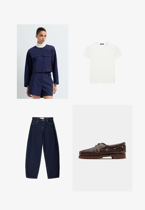 Granatowa krótka kurtka z dwoma kieszeniami na piersi i zapięciem na guziki, zestawiona z pasującymi szortami, z białym prążkowanym kołnierzem.; Prosta, biała koszulka z krótkim rękawem i okrągłym dekoltem, o dopasowanym kroju, zaprezentowana na płasko na białym tle.; Koszula w kratę z długim rękawem w czarno-białym kolorze, z kołnierzykiem zapinanym na guziki i zaokrąglonym wykończeniem. Zawiera małe logo na piersi.; Granatowe dżinsowe spodnie o luźnym kroju, z pięcioma kieszeniami, kontrastowym przeszyciem i zamkiem błyskawicznym z przodu.; Brązowe skórzane buty w stylu boat shoe z złotymi oczkami, okrągłymi sznurowadłami oraz teksturowaną brązową gumową podeszwą. Zawierają przeszycia i wypukłe logo.