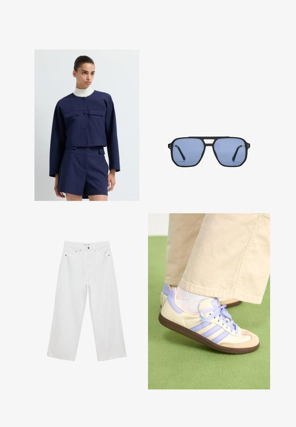 Laivaston sininen lyhyt takki, jossa kaksi rintataskua ja napillinen suljenta, yhdistetty samaa sarjaa oleviin shortseihin, joissa on valkoinen ribbineulottu kaulus.; Valkoinen lyhythihainen T-paita, joka on tehty puuvillasta. Siinä on pyöreä kaula-aukko ja rento malli. Silkkinen pinta ilman näkyviä kuvioita tai koristeita.; Valkoiset leveälahkeiset farkut, joissa on korkea vyötärö. Tämä malli sisältää viisi taskua ja metallisia yksityiskohtia. Kankaan pinta on sileä, ilman näkyviä kuvioita.; Kermasilta ja laventelilta näyttävät lenkkarit kolmella raidalla ja teksturoidulla ruskealla pohjalla, varustettuna nauhoilla ja pehmustetulla kantapäällä. Pehmeä kangaspinta.; Stradivarius RETRO - Aurinkolasit - light blue