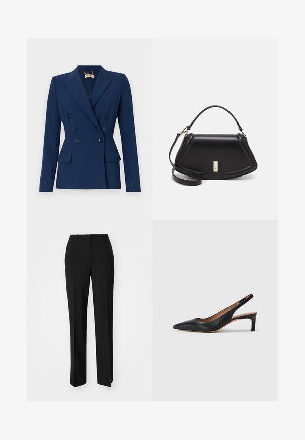 Elisabetta Franchi Blazer - oltremare; Vit kortärmad T-shirt, korta vida ärmar, mjukt bomullsmaterial, rund halsringning med subtila orange detaljer, minimal design, inga mönster eller grafik.; Svarta skräddarsydda byxor med rak benform, med en slät yta och skarpa veck fram. Ingen synlig hårdvara.; Svart läder slingback pumps med spetsig tå, låg klack och en mjuk yta. Har ett tunt justerbart rem för en säker passform.; Svart läderhandväska med en strukturerad design, som har en avskuren form, ett handtag upptill och guldiga detaljer. Justerbar axelrem ingår.