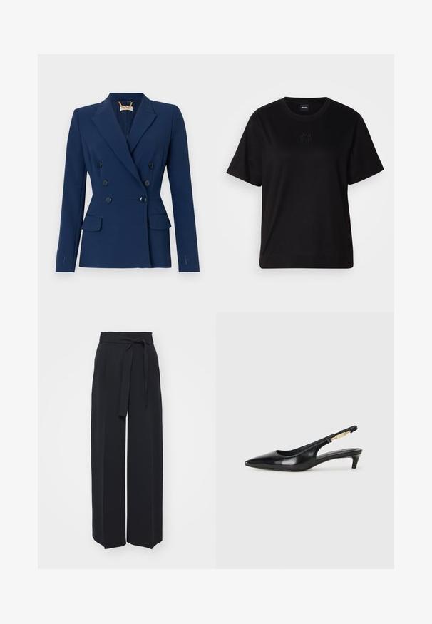 Elisabetta Franchi Blazer - oltremare; Black cotton t-shirt with a crew neckline, short sleeves, and an embroidered logo on the chest. Simple, relaxed fit with no patterns.; Wide-leg black trousers made of soft fabric. Features a belted waistband and front pleats. Smooth texture with a clean, contemporary design.; Black leather slingback heels with a pointed toe, featuring a slim heel and a gold-tone accent on the adjustable strap. Smooth texture.