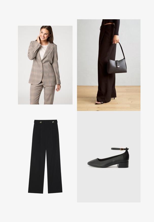 Svetlohnedý kockovaný blejzer a nohavicový set, ktorý má vykrojený golier a zapínanie na dva gombíky. Tkanina má textúrovaný povrch s modrými a hnedými akcentmi.; Čierny top na jedno rameno s riaseným výstrihom. Hladká, pružná tkanina. Jednoduchý a priliehavý dizajn, bez ďalších vzorov alebo akcentov.; Čierne široké nohavice s vysokým pásom, so zapínaním na gombíky na páse a prednými sklady.; Čierne kožené lodičky s špicatou špičkou a nízkym blokovým podpätkom. Obsahuje remienok okolo členka so zlatým prackou. Hladký povrch.; Čierna kabelka so štruktúrovaným tvarom, hladkou textúrou a kovovou sponou. V kombinácii so širokými čiernymi nohavicami a sandálmi s otvorenou špičkou na drevenej podlahe.