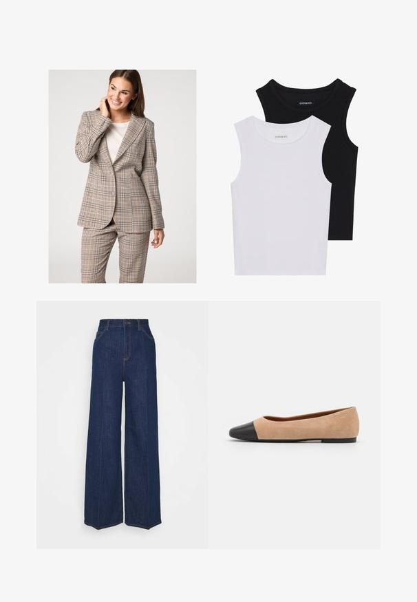 Beige plaid blazer and trousers set, featuring a notched collar and two-button closure. The fabric has a textured finish with blue and brown accents.; Two sleeveless tops in black and white, made of ribbed cotton, featuring round necklines and a fitted design. Labels visible on both.; High-waist wide-leg dark blue denim jeans with front and back pockets, button closure, and visible stitching details.; Beige suede ballet flat with a black leather rounded toe cap, low heel, and smooth texture, featuring minimal stitching and a clean design.