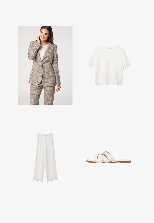 Béžový kostkovaný blejzr a kalhoty, který má klopený límec a zapínání na dva knoflíky. Tkanina má texturovaný povrch s modrými a hnědými akcenty.; Bílý krátký rukáv tričko vyrobené z bavlny. Má kulatý výstřih a volný střih. Hladký materiál bez viditelných vzorů nebo akcentů.; Bílé široké kalhoty vyrobené z lehké tkaniny. Mají elastický pas se šňůrkou a boční kapsy. Hladká textura.; Ploché sandály s hnědou gumovou podrážkou, navržené se třemi překrývajícími se bílými koženými řemínky a malým mašlí uprostřed.