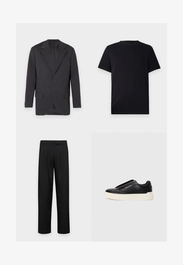 Donkergrijze blazer met een notch lapel, twee voorknopjes, twee zijzakken en een enkele borstzak. Gladde stof met een getailleerde pasvorm.; Zwart T-shirt met korte mouwen van glad katoen, met een ronde halslijn en een klassieke pasvorm zonder patronen of zichtbare hardware.; Zwarte broeken van gladde stof, met een recht model, twee voorknikken en een standaard tailleband met riemlussen.; Zwarte slip-on sneaker met een gestructureerde leren bovenkant, witte rubberen zool en geen zichtbare veters. Beschikt over het merkembleem aan de zijkant.