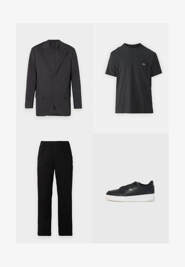 Sötétszürke blézer, nappal ellátott, két elülső gombbal, két oldalsó zsebbel és egy mellsz-zsebbel. Simább anyag, testre szabott fazon.; Fekete pamut póló rövid ujjakkal, kerek nyakú, bal oldalon egy kis zöld logóval a zseb fölött. Egyszerű dizájn, normál szabású.; Fekete pamut keverék anyagú nadrág, egyenes szabású, rugalmas derékrésszel és gombbal, látható minták vagy díszítések nélkül.; Fekete bőrsportcipő fehér talppal, lekerekített orral, fűzős kivitelben, és diszkrét logóval az oldalon. Texturált felsőrész kiemelésekkel.