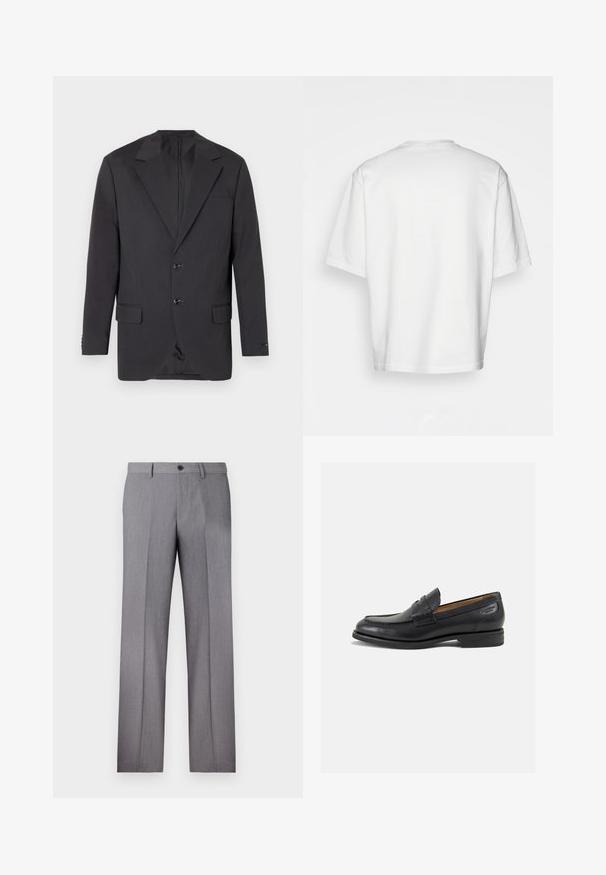 Tamsiai pilkas švarkas su išpjautu atvartiniu, dviem priekiniais mygtukais, dviem šoniniais kišenėmis ir viena krūtine kišenė. Glotnus audinys su pritaikytu siluetu.; Balta trumpa rankovėmis marškinėliai, laisvas kirpimas, apvalus iškirpimas, lygaus džinsinio audinio, nepuošta nugara, tiesiai kraštu, be raštų ar akcentų.; Pilkos pritaikytos kelnės su plokščiu priekiu, dviem šoninėmis kišenėmis ir vienu mygtuko užsegimu. Lygi tekstūra su subtiliu dryželiu.; Juodi odiniai loafersai su lygiu paviršiumi, apvaliu pirštu ir dekoratyvine siūlė viršuje. Žemas sustiprintas kulnas ir lengvas blizgesys.