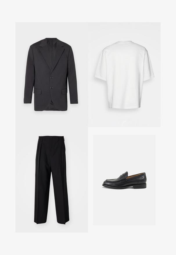 Dark gray blazer with a notch lapel, two front buttons, two side pockets, and a single chest pocket. Smooth fabric with a tailored fit.; White, short-sleeved t-shirt with a round neckline, made from cotton. Simple design, no patterns or accents, viewed from the back.; Black pleated trousers with a straight, wide-leg design. Made from smooth fabric, featuring a button closure and belt loops.; Black leather loafers with a smooth finish, rounded toe, and decorative stitching on the vamp. Low stacked heel and slight shine.