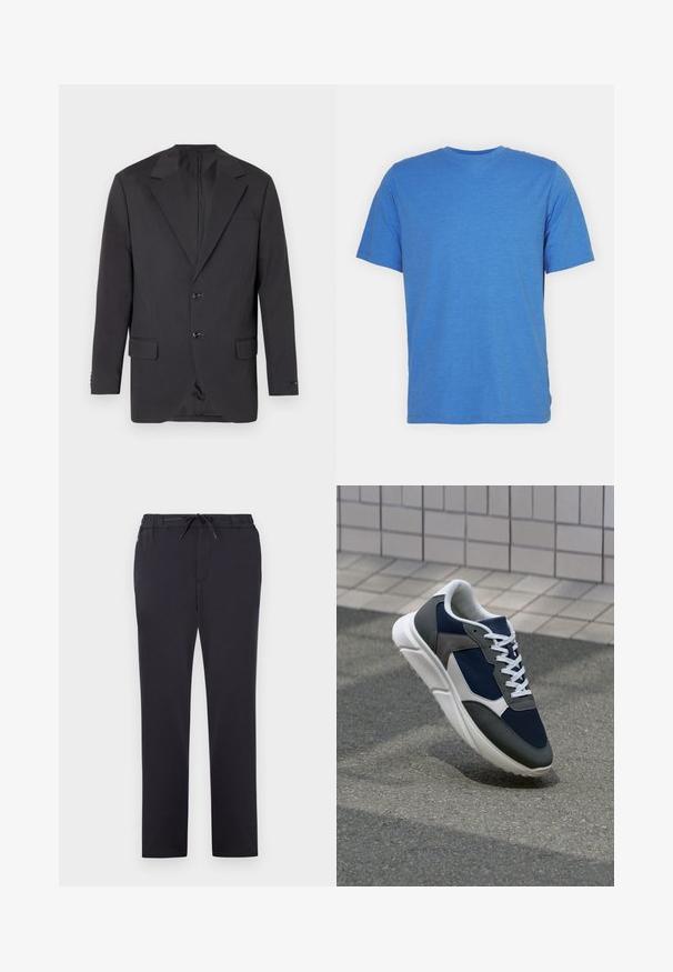 Temno siva blazer jakna z zarezo na plašču, dvema sprednjima gumboma, dvema stranskima žepoma in enim žepom na prsih. Gladka tkanina s prilagojenim krojem.; Majica s kratkimi rokavi, kroja z okruglim izrezom v enotni modri barvi. Narejena iz mehkega, zračnega blaga z gladko teksturo in brez vzorcev ali dodatkov.; Črne atletske hlače iz mehkega blaga z elastičnim pasom, nastavljivim vrvico in ravnim krojem. Brez vidnih vzorcev ali okrasnih elementov.; Superge z zgornjim delom iz mrežaste tkanine v mornarsko modri barvi, sivi usnjeni poudarki, belo gumijasto podplato in ravnimi belimi vezalkami, zasnovane za udobje in zračnost.