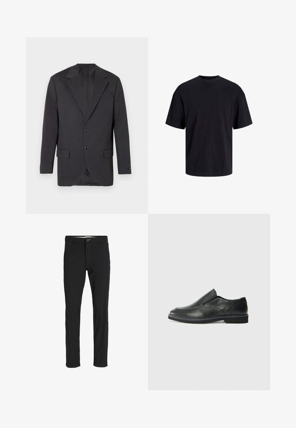 Dunkelgrauer Blazer mit Reverskragen, zwei vorderen Knöpfen, zwei Seitentaschen und einer Brusttasche. Glattes Material mit taillierter Passform.; Schwarzes Baumwoll-T-Shirt mit Rundhalsausschnitt, kurzen Ärmeln und lässiger Passform. Glatte Oberflächenstruktur und keine sichtbaren Muster oder Akzente.; Schwarze Baumwollmischungshose mit schmalem Schnitt, gekennzeichnet durch einen Knopfverschluss, Taschen und umgeschlagenen Säumen für einen lässigen Abschluss.; Schwarze Leder-Slipper mit glattem Obermaterial, gesteppten Akzenten, runder Zehenpartie und niedrigem Gummiabsatz. Die Sohle hat ein minimales Profil.