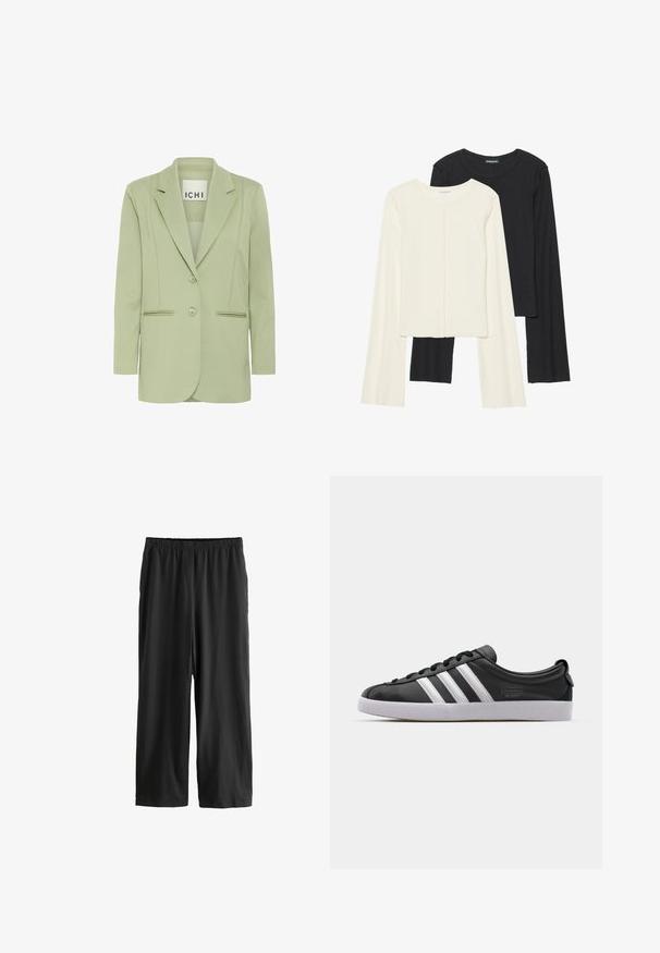 Világoszöld blézer, puha anyagból, bemetszett gallérral, két gombbal és két elején pipált részletekkel rendelkező zsebbel.; Két darabból álló hosszú ujjú felsők szettje fehér és fekete színben. Bordás textúra, kerek nyakkivágás, testhez simuló fazon, enyhén bővülő ujjakkal.; Fekete, térd alá érő nadrág könnyű anyagból. Rugalmas derékbőség és sima textúra, egyenes szárú kialakítással. Nincs látható részlet vagy minta.; Fekete bőr sneaker fehér háromcsíkkal, kerek orral, lapos fehér gumitalppal és márkázott részlettel az oldalon.