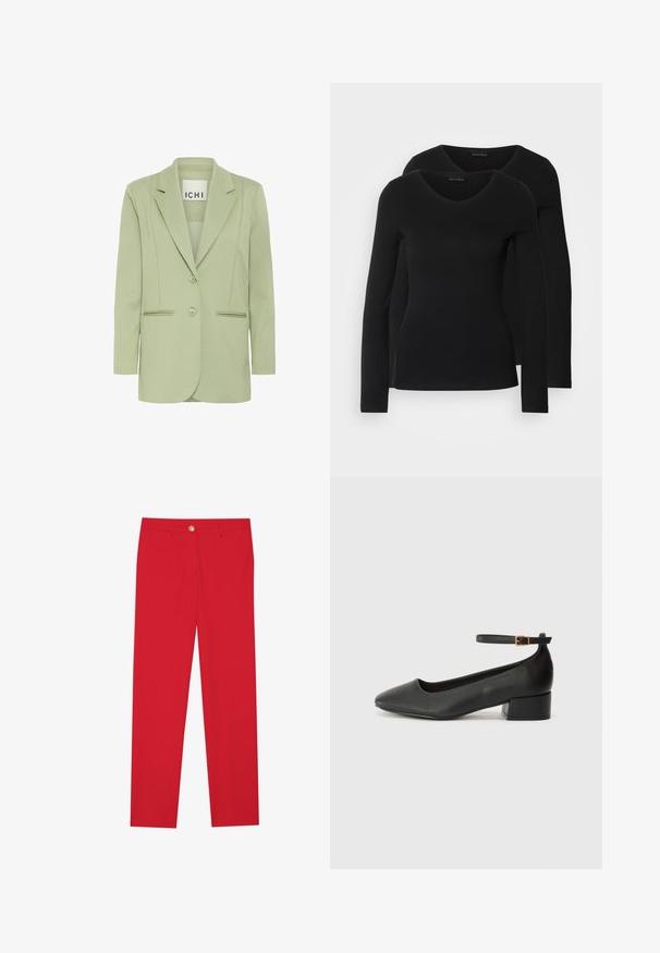 Šviesiai žalias švarkas pagamintas iš minkštos medžiagos, turi reikiuotą apykaklę, dvi sagas ir dvi priekines kišenes su apvadų detalėmis.; Du į juodas ilgomis rankovėmis marškiniai su V formos iškirpte, pagaminti iš minkštos, tamprios medžiagos, rodantys lygią tekstūrą ir prigludusią formą.; Raudoni kelnių su tiesiu sijonu, plokščiu priekiu, vienu mygtuku ir dviem šoninėmis kišenėmis. Lygus audinys be matomų raštų ar akcentų.; Juodas odinis aukštakulnis batelis su smailiu pirštu ir žemu bloku. Su kulkšnies dirželiu su auksinės spalvos sagtimi. Lygus paviršius.