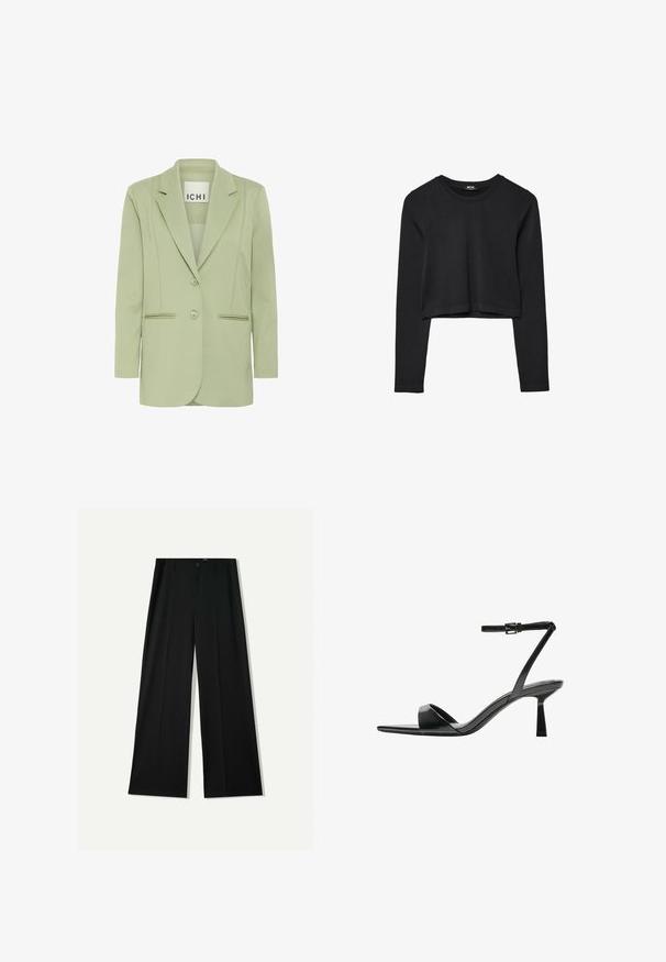 Světle zelená sako vyrobené z měkké tkaniny, s klopovým límcem, dvěma knoflíky a dvěma předními kapsami s lemovanými detaily.; Černý dlouhý rukáv cropped top s kulatým výstřihem, jednoduchý design a mírně zaoblený lem.; Bershka WIDE - Kalhoty - black; Bershka Sandály na vysokém podpatku - black
