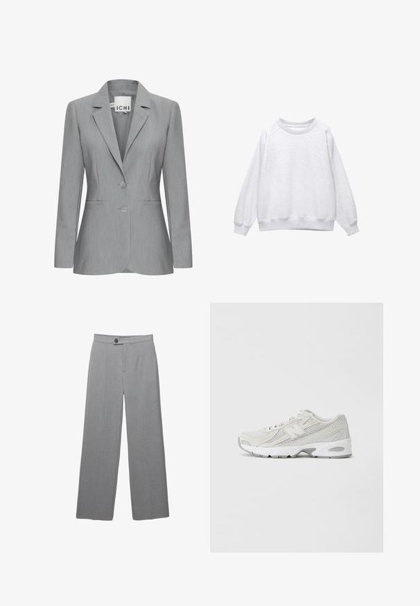 Svijetlo siva blejzerica s reverima, dva gumba i bočnim džepovima. Izrađena od teksturiranog materijala s krojem prilagođenim tijelu. Vidljiva oznaka branda.; Svijetlosivi dukserica s okruglim izrezom, dugim rukavima i rebrastim manžetama i donjim rubom, prikazana ravno na bijeloj pozadini.; Sive krojene hlače širokih nogavica, ravne prednje strane i suptilne teksture. Imaju jedan gumb za zatvaranje i čiste linije.; Lagane trkačke tenisice s gornjim dijelom od mrežastog materijala u bijeloj boji, sivoj akcentima, s mekanim potplatom i teksturiranim preklopima. Imaju ugrađeni sustav vezanja.