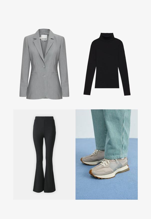 Vaaleanharmaa bleiseri, jossa on uroskaulus, kaksi nappia ja sivutaskut. Valmistettu teksturoidusta kankaasta, jossa on muotoiltu istuvuus. Brändilogo näkyvissä.; Musta poolalla pitkähihaisen pusero, joka on valmistettu ribbikankaasta, tarjoaa muotoilevan leikkauksen, jossa on korkea kaula-aukko eikä kuvioita tai koristeita.; Musta levenevä housut, jotka on valmistettu joustavasta kankaasta. Ominaisuuksia ovat korkea vyötärö ja sileä, istuva muotoilu, joka levenee polvista alaspäin.; Harmaat tennarit, joissa on mokkanahka- ja verkko-osia, valkoiset nauhat ja teksturoitu pohja. Yhdistetty turkooseihin raidallisiin housuihin. Sininen teksturoitu tausta.