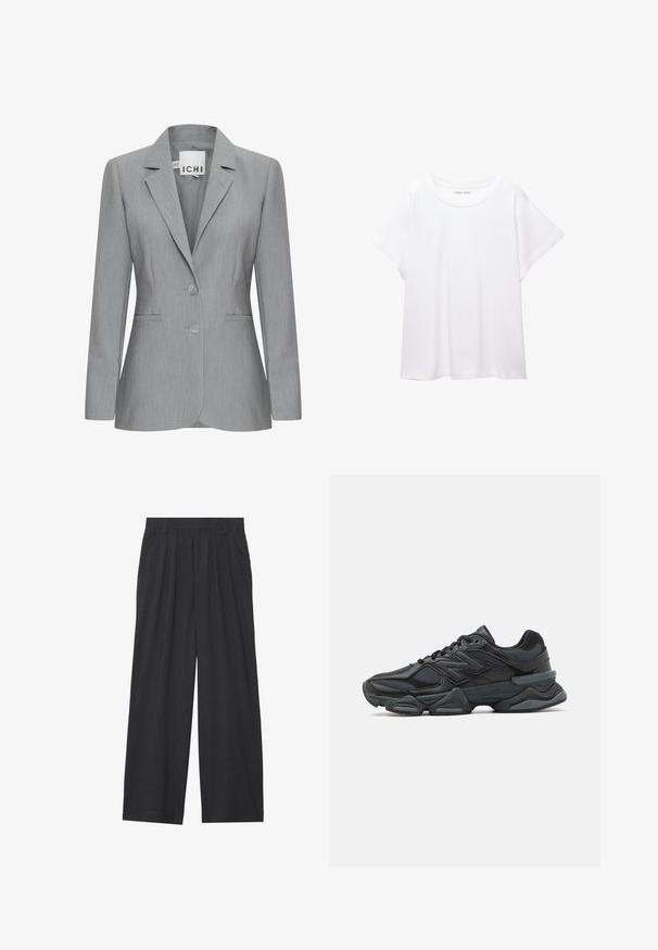 Világosszürke blazer, kiemelkedő hajtókával, két gombbal és oldalsó zsebekkel. Texturált anyagból készült, testre szabott fazonnal. Márkajelzés látható.; Fehér póló, puha, könnyű anyagból készült. Kerek nyakú, rövid, széles ujjaival és laza szabásával rendelkezik. Nincsenek látható minták.; Sötétszürke anyagból készült, bő szárú nadrág. Ráncokkal a deréknál, elegáns fazonnal és egyenes sziluettel rendelkezik.; Fekete futócipő, mely háló és szintetikus anyagok keverékéből készült, vastag talppal, ívelt kialakítással és hangsúlyos logóval az oldalon.
