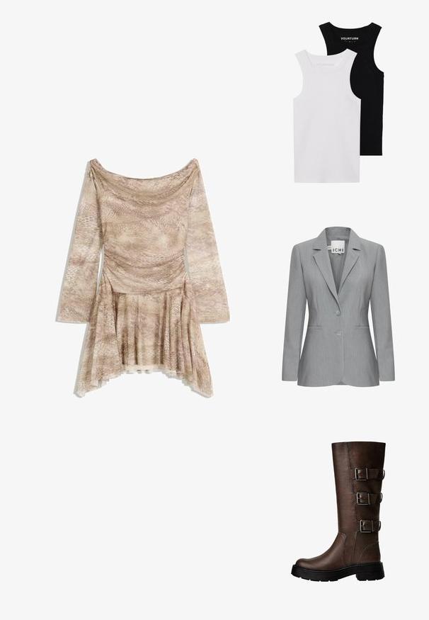 Svijetlo siva blejzerica s reverima, dva gumba i bočnim džepovima. Izrađena od teksturiranog materijala s krojem prilagođenim tijelu. Vidljiva oznaka branda.; Dva uska tank top majice u crnoj i bijeloj boji. Izrađene od rebrastog pamuka, imaju široke naramenice i zaobljene izreze vratova. Logo na ovratniku.; Haljina s dugim rukavima u bež boji s uzorkom zmijske kože, s naboranim izrezom i suknjom koja se širi s visokim i niskim rubom. Tkanina meke teksture.; Smeđe kožne čizme do koljena s tri metalna kopčanja, teksturirana površina, zaobljen vrh i debela potplata za stabilnost.