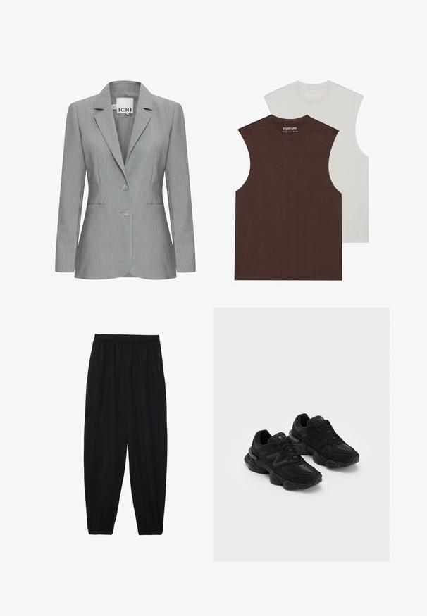 Šviesiai pilkas bleiseris su iškirptėmis apykaklėmis, dviem mygtukais ir šoninėmis kišenėmis. Pagamintas iš tekstūrinio audinio su pritaikytu siluetu. Matomas prekės ženklas.; Dvi beaulės marškinėliai: vieni tamsiai rudos spalvos, kiti šviesiai pilki. Abu turi apvalų kaklą ir pagaminti iš minkštos, kvėpuojančios medžiagos.; Juodi, lengvi kelnių su elastinga juosmens juosta ir surinktais kulkšniais. Audinys yra lygus ir turi atsipalaidavusį, siaurėjantį dizainą.; Juodos sportinės bateliai su tekstūruotu paviršiumi, turintys išryškintą "N" ženklą, paminkštintą padas ir elegantišką, modernią siluetą.