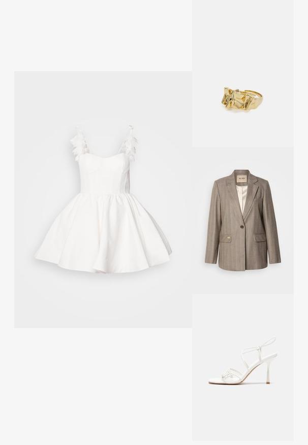 Bruin gestreepte blazer met een enkele knoopsluiting, twee voorzakken en een gouden accent. Zachte stof en klassieke, op maat gemaakte silhout.; Witte jurk met een aansluitende bodice en een uitlopende rok. Heeft verenaccenten op de schouderbanden en een soepele, gestructureerde stof.; Witte strappy hoge hak sandaal met een platte tenenbasis, gestructureerde voorkant met geplooide accenten, en een slanke enkelband.; Gouden ring met een textuur van golvende ontwerpen met drie opvallende pieken. Gladde, glanzende oppervlakte met eenopen band voor een verstelbare pasvorm.