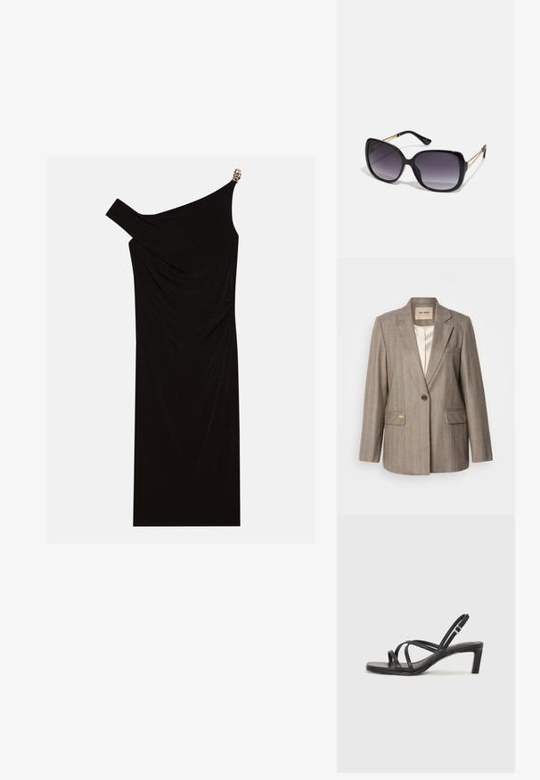 Blazer marrone a righe con chiusura a un pulsante, due tasche frontali e un accento dorato. Tessuto morbido e silhouette classica su misura.; Abito nero monospalla realizzato in tessuto drappeggiato, con un accento dorato sulla spalla, texture liscia e design alla lunghezza del ginocchio.; Sandalo nero con cinturini, dalla punta squadrata e tacco basso a blocco. Presenta diversi cinturini sottili e una cinturini regolabile alla caviglia. Realizzato in pelle liscia.; Occhiali da sole neri oversize con lenti sfumate, montatura spessa e dettagli in catena dorata sulle astine.; Borsa a mano bianca strutturata con manici corti e tracolla, dotata di dettagli in metallo dorato e materiale testurizzato, esposta su uno sfondo grigio.