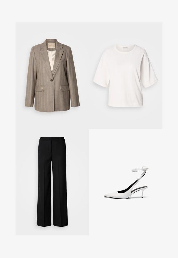 Rudas dryžuotas švarkas su vienu mygtuku, dviem priekinėmis kišenėmis ir auksiniu akcentu. Minkšta medžiaga ir klasikinė siuvimo siluetas.; Balta medvilnės marškinėliai su laisvu siluetu, trumpomis rankovėmis su užlenkimais, apvaliu iškirpimu ir lygiu paviršiumi. Paprastas, minimalistiškas dizainas.; Juodos plačios kojų kelnės su lygia medžiaga, pasižyminčios aukštu liemeniu, pritaikytais siūlėmis ir minimalistiniu dizainu. Nėra matomų metalo detalių ar kišenių.; Balti smaili ovalo pirštai su banguota atvira užsegimo juosta. Lygi odinė medžiaga, plonas stiletto kulnas ir juodas vidinis pamušalas.