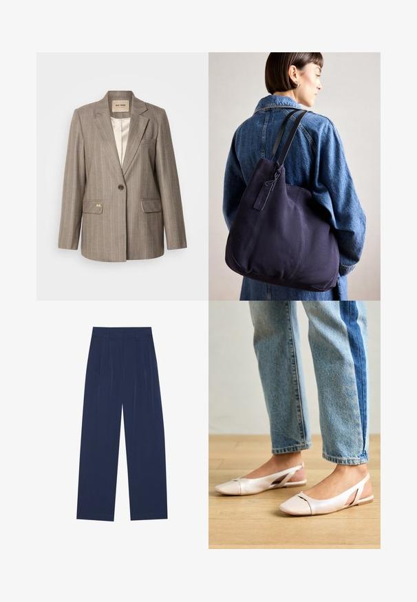 Blazer marrone a righe con chiusura a un pulsante, due tasche frontali e un accento dorato. Tessuto morbido e silhouette classica su misura.; T-shirt bianca a maniche corte con scollo rotondo ampio e texture a coste, realizzata in tessuto morbido, caratterizzata da una vestibilità rilassata e un design pulito.; Pantaloni a gamba larga blu navy realizzati in tessuto morbido, dotati di pieghe frontali, una texture liscia e una vestibilità dritta senza tasche visibili.; Ballerine slingback rosa pallido con punta affusolata, realizzate in un materiale simile alla pelle liscio. Presentano dettagli a taglio sui lati e un tacco piatto.; Borsa a spalla in tela blu navy con una forma morbida e strutturata, dotata di una tracolla nera, dettagli cuciti e una piccola etichetta del marchio.