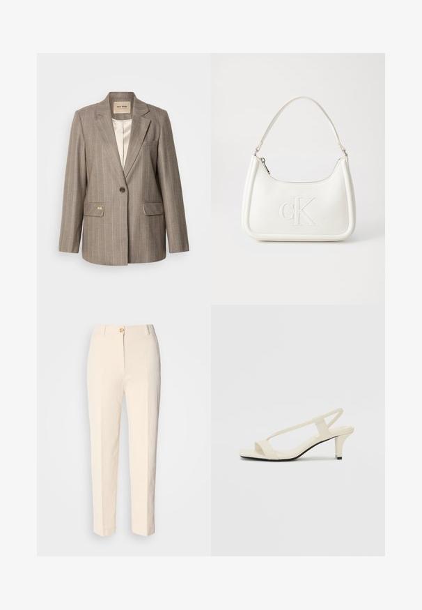 Hnědý pruhovaný blejzr s jednopoložkovým zapínáním, dvěma předními kapsami a zlatým akcentem. Měkká látka a klasický střih.; Bílý zkrácený T-shirt, krátké široké rukávy, měkký bavlněný materiál, kulatý výstřih s jemným oranžovým lemováním, minimalistický design, bez vzorů nebo grafik.; Krémové, vysoké kalhoty vyrobené z texturované látky. Obsahují přední zapínání na knoflík a zúžené nohavice.; Krémové sandály na bloku s tenkými popruhy a čtveratou špičkou. Hladký materiál s minimálními detaily, navržené pro snadné nošení.; Bílá kožená kabelka s křivkovým tvarem, na přední straně s vyraženým logem "CK" a jediným ramenním popruhem. Zipový uzávěr na vrchu.