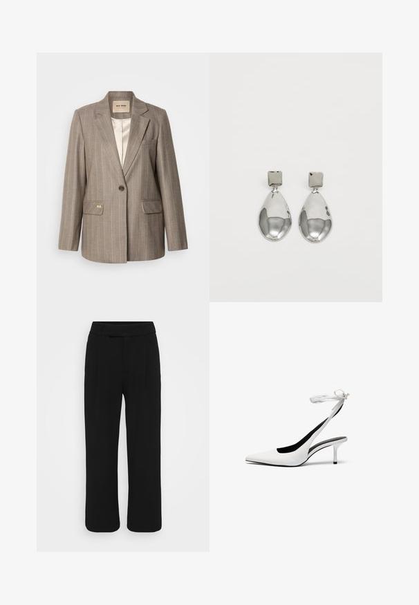 Pruun triibuline bleiser ühe nööbiga kinnitusega, kahe esiosa taskuga ja kuldse aktsendiga. Pehme kangas ja klassikaline kohandatud siluett.; Must musträtik, lühikesed varrukad, ümar kaelus, vabalt lõigatud, sile tekstuur, lihtne disain, ilma mustrite või aksessuaarideta.; Mustad laiad püksid, mis on valmistatud siledast kangast, sirge esiotsaga, vööloopide ja nähtamatute taskuteta. Puhtad, vormikohased jooned.; Valged terava ninaga slingback-kandvad kontsad õhukese pahkluustringiga. Sile nahk, õhuke stilettokonts ja must sisekate.; Hõbedased ripatsid, millel on ruudukujuline studs, siledat ja poleeritud viimistlust ning pisarakuju, peegeldades valgust läikiva pinnaga.