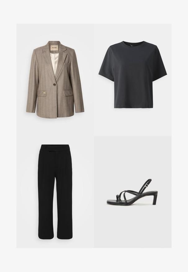 Smeđa prugasta blazer jakna s jednim dugmetom, dva prednja džepa i zlatnim detaljem. Mekana tkanina i klasičan kroj.; Crna pamučna majica, kratki rukavi, okrugli izrez, opušteni kroj, glatka tekstura, jednostavan dizajn, bez uzoraka ili naglasaka.; Crne široke hlače od glatkog materijala, s ravnim prednjim dijelom, petljama za remen i bez vidljivih džepova. Čist, krojen dizajn.; Crne sandale s trakama, kvadratnim prstom i niskom blok petom. Ima više tankih trakica i podesivu trakicu oko gležnja. Izrađene su od glatke kože.