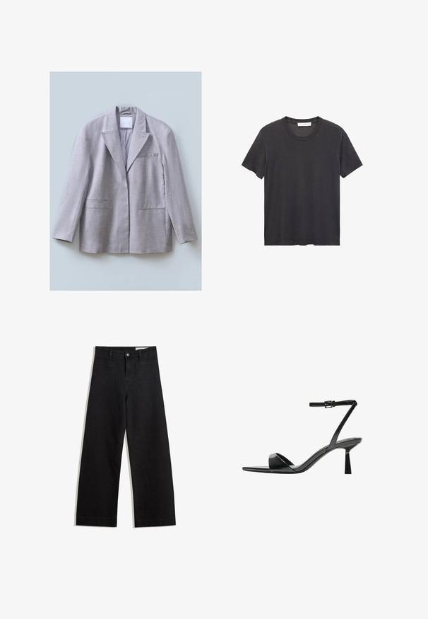 Lichtgrijze blazer van textuurstof met een gelapte revers, één borstzak en twee voorkzakken, ontworpen met een relaxte pasvorm.; Zwarte crew-neck t-shirt gemaakt van zachte katoen. Korte mouwen, relaxte pasvorm en rechte zoom zonder versieringen of patronen.; Zwarte denim broek met wijde pijpen en een hoge taille, voorzien van voor- en achterzakken, gestikte naden en een knoopsluiting. Gladde textuur.; Bershka Sandalen met hoge hak - black