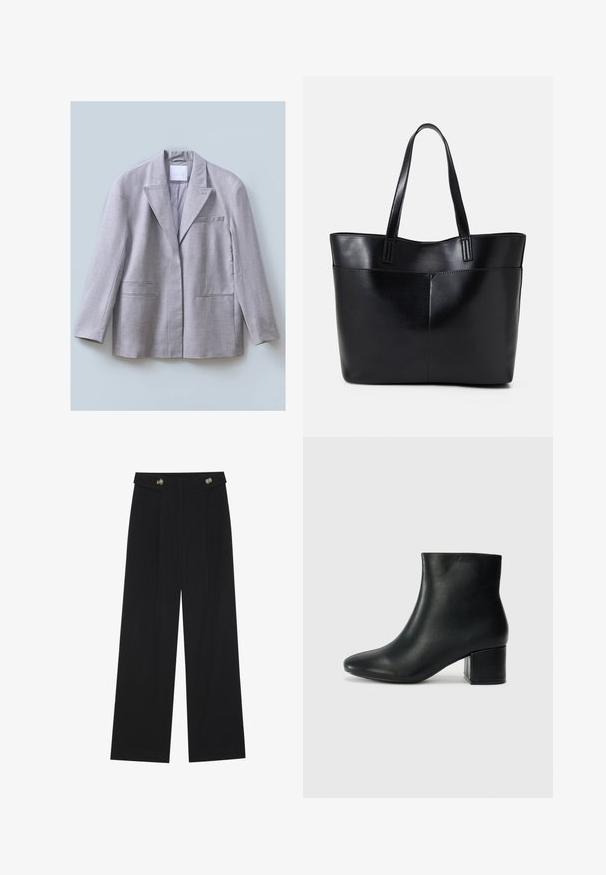 Light gray blazer made of textured fabric with a notched lapel, single chest pocket, and two front pockets, designed with a relaxed fit.; Black long-sleeve top featuring flared cuffs, soft texture, and a relaxed fit, with a simple round neckline.; Black wide-leg trousers with high waist, button details on waistband, and front pleats.; Black leather ankle boots with a pointed toe and a chunky heel. Smooth texture with minimal accents and a sleek, fitted design.; Black leather tote bag with two long handles, a smooth texture, and a structured shape. Features a front pocket for additional storage.