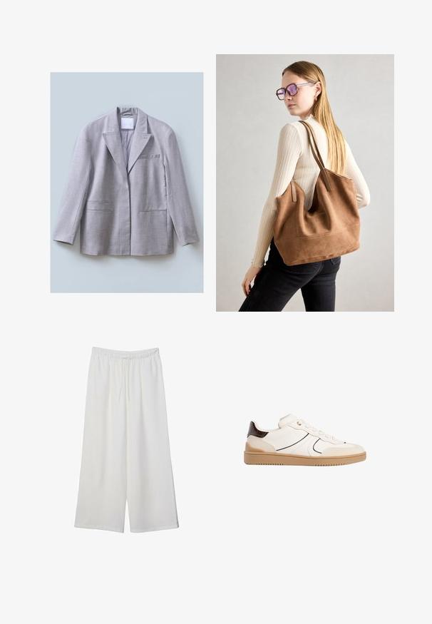 Harmaa bleiseri, joka on valmistettu teksturoidusta kankaasta, jossa on laahustasku, yksi rintatasku ja kaksi etutaskua, suunniteltu rentoon istuvuuteen.; Valkoinen lyhythihainen T-paita, joka on tehty puuvillasta. Siinä on pyöreä kaula-aukko ja rento malli. Silkkinen pinta ilman näkyviä kuvioita tai koristeita.; Valkoiset leveälahkeiset housut, jotka on valmistettu kevyestä kankaasta. Niissä on joustava vyötärö ja nauha säädettävää istuvuutta varten. Sileä pinta.; Stradivarius Matalavartiset tennarit - white; Ruskea nubukkivuoriolaukku, jossa on pehmeä rakenne, tilava avaus ja pitkät hihnat. Ominaisuuksiin kuuluu yksinkertainen muotoilu näkyvine ompeleineen ja ilman metalliosia.