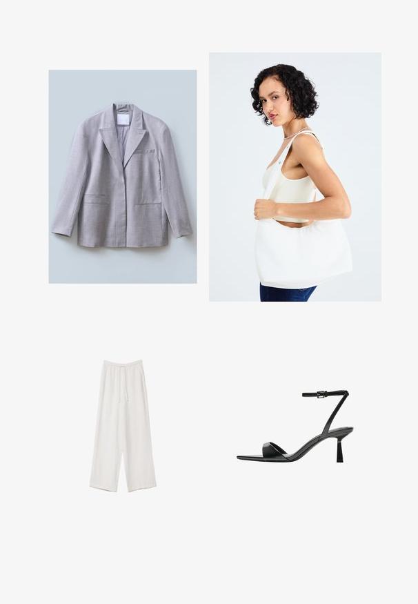 Jasnoszary blezer wykonany z fakturowanej tkaniny, z klapami w kształcie litery V, pojedynczą kieszenią na piersi oraz dwiema przednimi kieszeniami, zaprojektowany w luźnym kroju.; Biała koszulka z krótkim rękawem o luźnym kroju i marszczonym wykończeniu w talii. Wykonana z miękkiego, lekkiego materiału.; Białe spodnie o szerokich nogawkach wykonane z lekkiego materiału. Posiadają elastyczny pas z sznurkiem i boczne kieszenie. Gładka tekstura.; Bershka - Sandały na obcasie; Biała torba na ramię wykonana z gładkiego materiału, z owalnym wycięciem i szerokim paskiem. Prosta i nowoczesna, bez widocznych elementów ozdobnych.