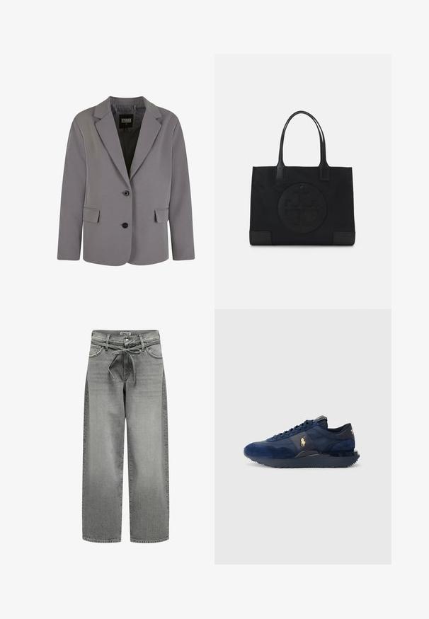 Blazer gris hecho de una tela suave presenta solapa de pico, dos botones y bolsillos laterales con un ajuste entallado y detalles de costura mínimos.; Suéter de cuello alto gris hecho de un material de punto suave con puños y dobladillo acanalados. Presenta un corte relajado y un escote estructurado.; Camisa blanca de botones hecha de algodón suave con un cuello clásico, que presenta un dobladillo recto y botones beige en la parte delantera.; Vaqueros de mezclilla gris de pierna ancha con una cintura ajustable con cordón y bolsillos delanteros. La tela presenta una ligera textura y un acabado desgastado.; Zapatillas deportivas azul marino con materiales de ante y malla, con suela de goma, diseño de cordones y un acento de logo dorado.; Bolso tote negro hecho de tela, con un logotipo embellecido destacado en un diseño circular. Textura suave con acentos de cuero en contraste.