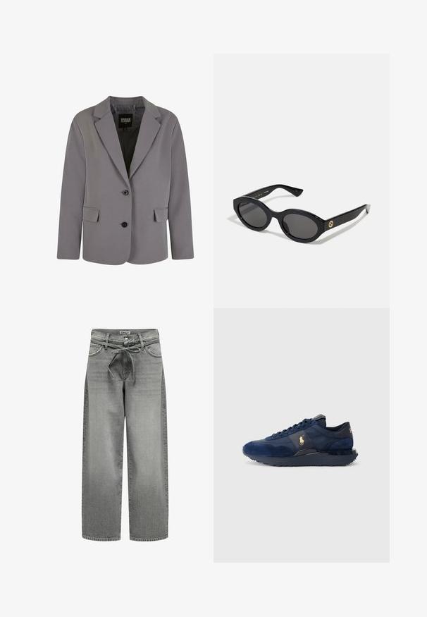 Blazer gris en tissu lisse avec un col en pointe, deux boutons et des poches latérales, doté d'une coupe ajustée et de détails de couture minimalistes.; Pull en col roulé gris en maille douce avec des poignets et un ourlet côtelés. Présente une coupe décontractée et un col structuré.; Chemise blanche à boutons, en coton lisse, avec un col classique, présentant un ourlet droit et des boutons beiges le long du devant.; Jeans en denim gris à jambes larges avec une taille à cordon de serrage et des poches avant. Le tissu présente une légère texture et une finition délavée.; Baskets de sport bleu marine en matériaux suede et mesh, avec une semelle en caoutchouc, un design à lacets et un accent de logo doré.; Lunettes de soleil ovales noires avec des verres sombres et une monture en plastique brillant. Présente un logo doré sur la branche, offrant un design épuré et moderne.; Sac fourre-tout noir en tissu, doté d'un logo embouti en design circulaire. Texture lisse avec des accents en cuir contrastés.