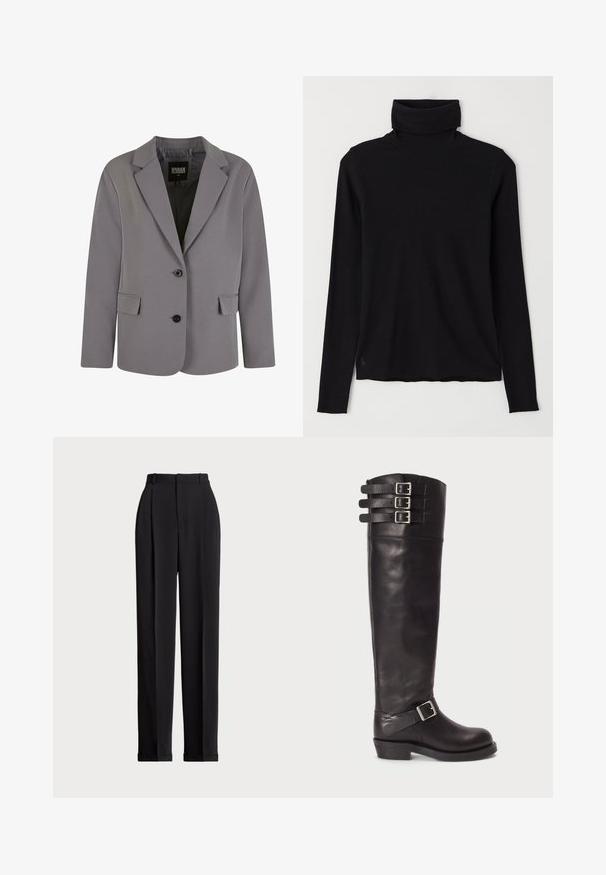 Sivý blejzer vyrobený z hladkej tkaniny má klopový golier, dva gombíky a bočné vrecká s priliehavým strihom a minimálnymi švovými detailmi.; Čierna roláková mikina z rebrového materiálu. Dlhé rukávy, priliehavý strih a mierne uvoľnený lem bez viditeľných vzorov alebo kovania.; Čierne prispôsobené nohavice s vysokým pásom, prednými záhybmi, rovnými nohavicami a manžetami na leme. Vyrobené z hladkej tkaniny.; Čierna kožená vysoká čižma po kolená s okrúhlym prstom, tromi prackami na vrchu a bočným detailom s prackou. Plochá podrážka a hladký povrch.