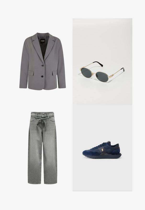 Grauer Blazer aus glattem Stoff mit Reverskragen, zwei Knöpfen und seitlichen Taschen, in taillierter Passform und mit minimalen Nähten.; Schwarzes Langarmoberteil mit quadratischem Ausschnitt, figurbetontem Schnitt und seitlichen Schlitzen am Saum. Hergestellt aus einem glatten, dehnbaren Stoff.; Weite graue Denim-Jeans mit einem Kordelzugbund und vorderen Taschen. Der Stoff hat eine leichte Textur und einen verblassten Finish.; Marineblaue Sportschuhe aus Wildleder und Mesh-Materialien, mit Gummisohle, Schnürdesign und einem goldenen Logoakzent.; Goldfarbene Metallsonnenschutzbrille mit ovalen Gläsern und dunkeltönenden Linsen. Schwarze Acetatspitzen an den Bügeln. Markenname "QUAY" an der Seite.; Schwarze Tragetasche aus Stoff, mit einem auffälligen geprägten Logo in einem kreisförmigen Design. Glatte Oberfläche mit kontrastierenden Lederakzenten.