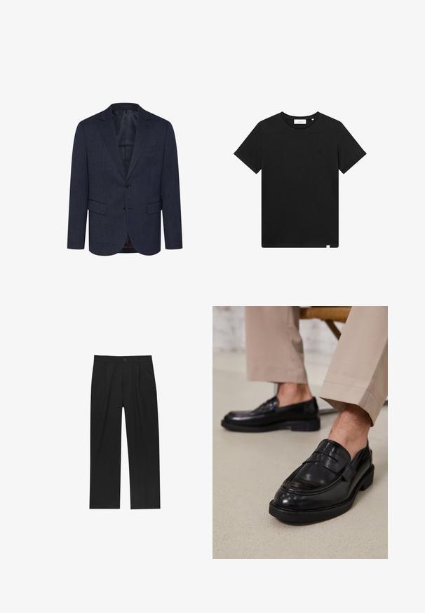 Námořnický modrý blazer se strukturovaným herringbone vzorem, slim fit, dvě přední kapsy, zapínání na jeden knoflík a s klopou.; Černé tričko s krátkým rukávem vyrobené z bavlny, s kulatým výstřihem a malým vyšitým logem na hrudi. Hladká textura, standardní střih.; Černé kalhoty s rovnými nohavicemi, vyrobené z hladké tkaniny. Mají přední záhyby a jedno knoflíkové zapínání v pase.; Černé kožené loafers s hladkým povrchem, zdobené páskem a kontrastním prošíváním, spárované s béžovými kalhotami.