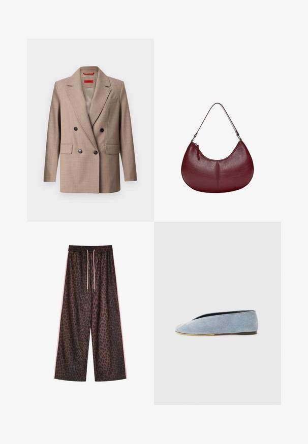 Kétgombos bézs blézer, amely texturált anyagból készült, notch sálgallérral, két elülső zsebbel és fekete gombokkal rendelkezik. Bélése bélelt.; Rózsaszín, rövid fazonú kardigán hosszú ujjakkal, kerek nyakkal és gombos záródással. Puha, textúrált anyagból készült, bordázott mandzsettákkal és aljjal.; Világoskék ujjatlan, bordázott trikó, kerek nyakkivágással és egy apró logóval, amely a középen van hímezve. Sima textúra, testhez simuló fazon.; Leopárdmintás, barna és fekete, bőrnadrág, rugalmas derékkal és rózsaszín húzózsinórral, valamint oldalsó rózsaszín csíkkal. Simaszerű anyagtextúra.; Világoskék denim slip-oncipő sima textúrával, mandula alakú orral és lapos fekete talppal. Minimális dizájn, alacsony profil.; Burgundi bőr kézitáska ívelt formával. Egyetlen vállpánttal és felső cipzárral rendelkezik, sima, textúrás felülettel.; Ezüst nyaklánc sima, ovális medállal, amelyen egy gravírozott, mosolygó arc található, zöld díszítésekkel. A lánc összekapcsolt szemekből áll.