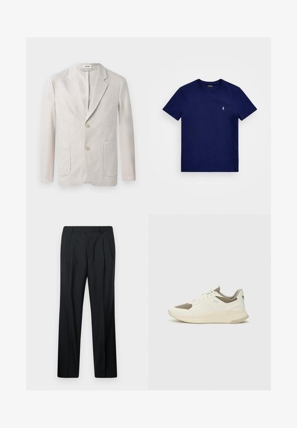 Beige knit blazer with a single-breasted design, notched lapels, two front pockets, and two button closures. Smooth texture.; Navy blue cotton t-shirt featuring a crew neck, short sleeves, and a small white polo logo on the left chest. Smooth texture.; Black dress pants with pleats, made of smooth fabric. Features a straight fit, waistband with loops, and no pockets. Simple design.; White and light beige athletic sneaker, featuring a mesh upper, perforated detailing, and a textured midsole with branding on the heel.